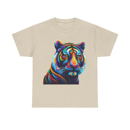 Tiger's Whimsy Graphic Unisex T-Shirt featuring an artistic kaleidoscope tiger design in vibrant colours on a cream background, perfect for art enthusiasts.