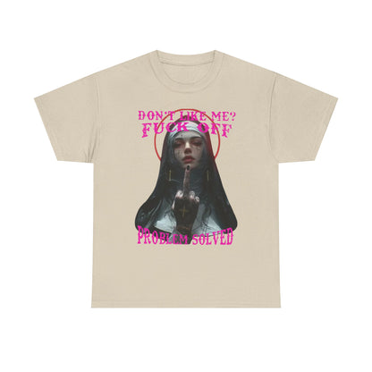 Stylish beige T-shirt displaying a unique gothic nun illustration, paired with bold rebellious phrases in vibrant pink. A statement piece that combines comfort with edgy fashion.
