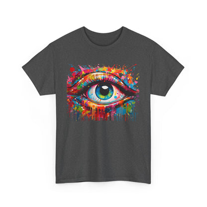 Front view of the 'Visionary Drip' graphic tee in dark grey, featuring a vibrant artistic eye design that exudes luxury and contemporary style.