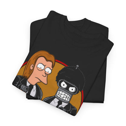 Futurama Pulp Fiction Unisex Mens Womens Graphic Funny T Shirt. Elegant folded black tee displaying characters in a quirky mashup, capturing the essence of humour and rebellion, suited for modern fashion enthusiasts.