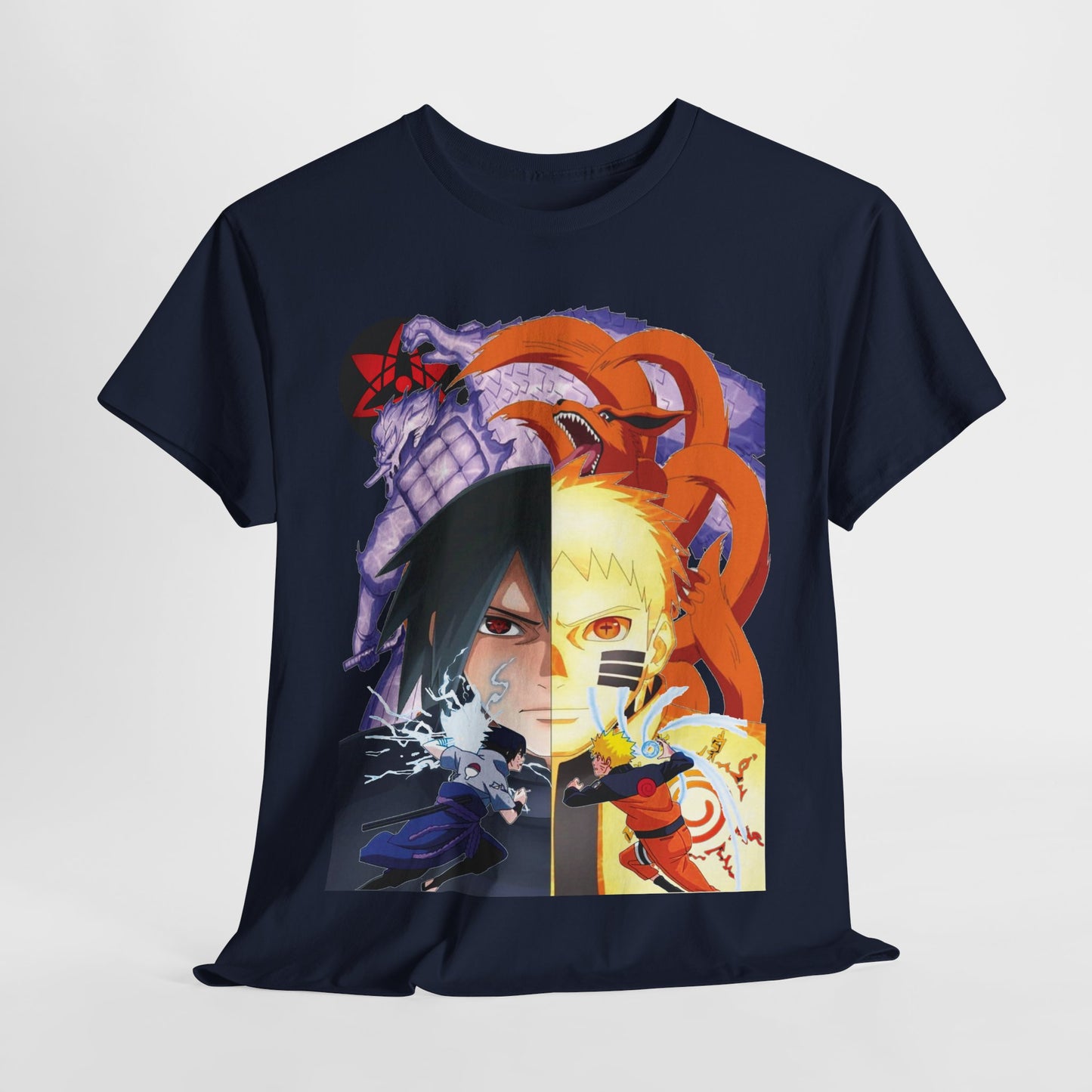 Luxurious navy T-shirt draped casually, featuring an intricate design of Sasuke and Naruto at the height of their iconic rivalry, crafted for the sophisticated anime lover.