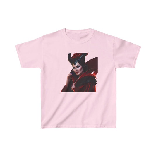 Maleficent Kids Tee in soft pink showcasing a striking image of Maleficent, ideal for young Disney enthusiasts, providing both comfort and fashionable flair.