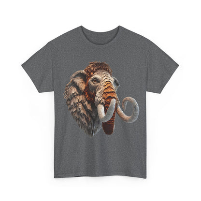 Mammoth Majesty Unisex Graphic Tee in dark grey featuring detailed mammoth graphic art, designed to elevate your wardrobe with an artistic flair and luxurious touch.