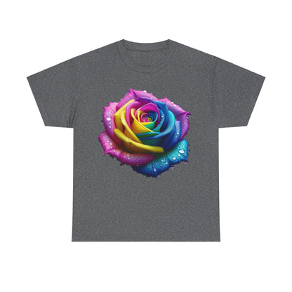 Rainbow Rose Unisex Cotton Tee Graphic T Shirt featuring an exquisite design of a rainbow rose, detailed with sparkling water droplets on a charcoal grey fabric.