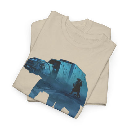 Star Wars AT-ST vs Tauntaun Funny Graphic Unisex T Shirt TEE, elegantly displayed with folded t-shirts featuring a creative AT-ST design in soft blue tones, ideal for aficionados of refined sci-fi fashion.