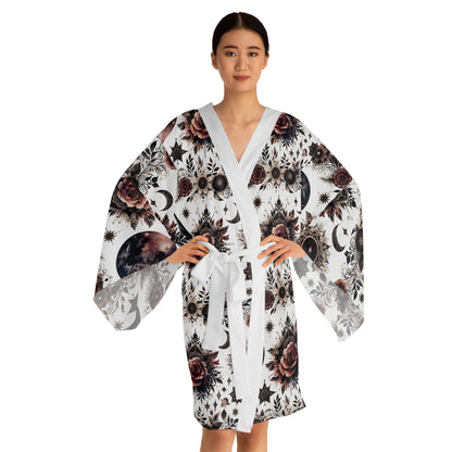 Floral Kimono Robe - Women's Robe featuring intricate floral and celestial designs, complemented by elegant long bell sleeves and a tie belt, embodying designer lounge wear.