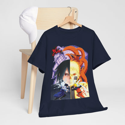 Luxury navy T-shirt featuring an artistic split-screen design of iconic anime characters Sasuke and Naruto, showcasing vivid colours and dramatic action elements.