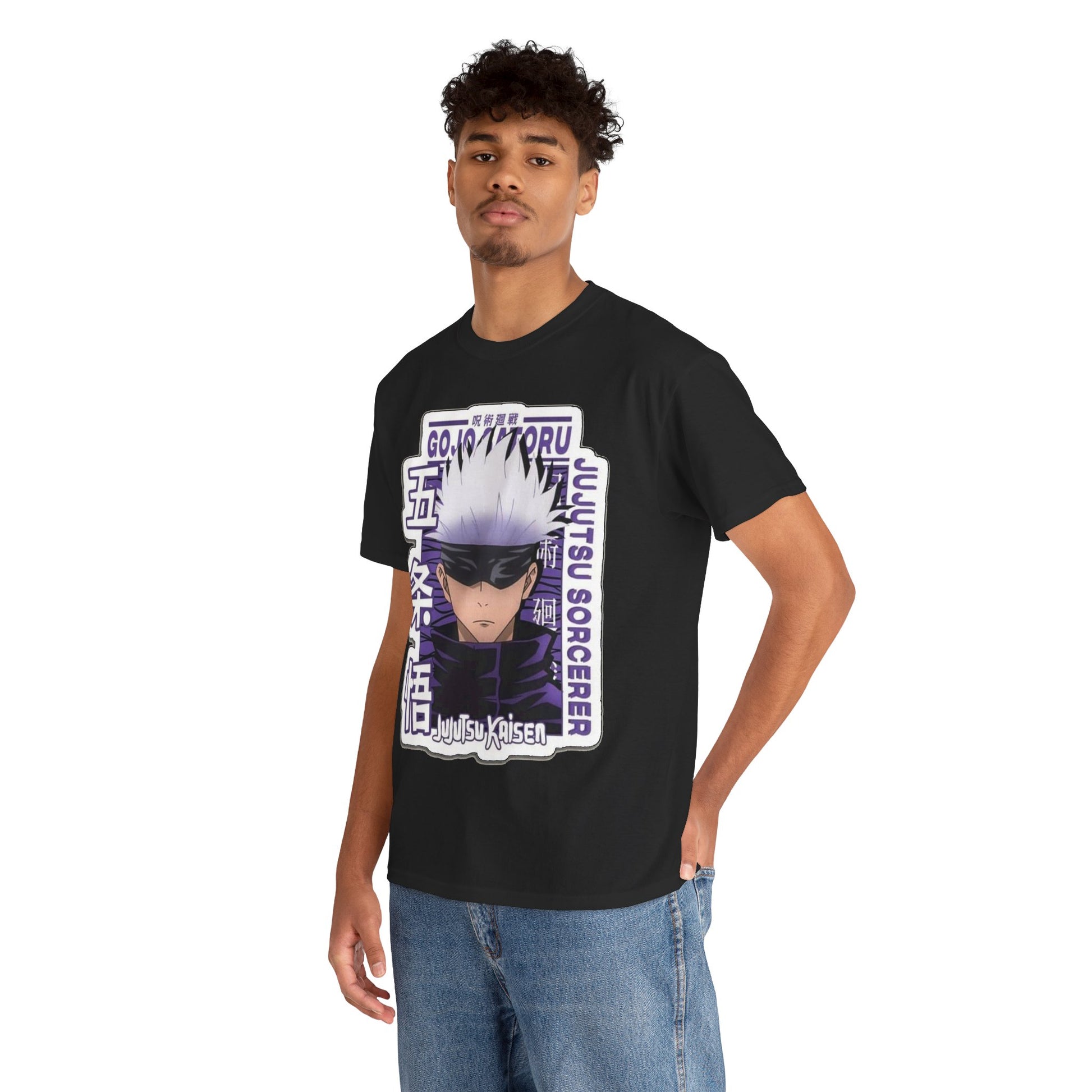 Stylish Gojo Satoru T-shirt featuring vibrant anime artwork for Jujutsu Kaisen fans, modelled by a confident individual against a chic black backdrop.