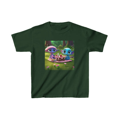 Kids Heavy Cotton Tee featuring cute alien designs, offered in an elegant forest green colour, a delightful choice for young adventurers.