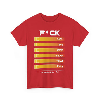 F*CK Graphic Tee - Premium Cotton Unisex Remarkable Statement T-Shirt in Red featuring bold graphic design with gradient checkboxes and the words 'YOU, ME, OFF, YEAH, THAT, THIS'. Ideal for a stylish and audacious look.