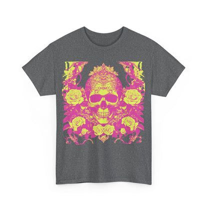 Front view of the Skulls and Roses Cotton Tee featuring vibrant skull and rose artwork, a stylish addition to edgy fashion.