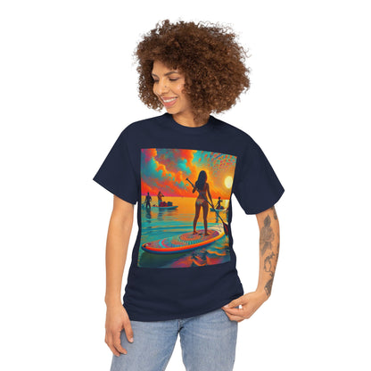 Delightful Paddle Board T-Shirt designed for water enthusiasts by Dazzling Dreams Studio, showcasing a beautiful paddleboarding scene.