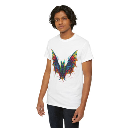 Radiant Evolution Bat Tee: Unisex cotton t-shirt featuring a vibrant stylized bat design in rainbow hues, exuding luxury and contemporary style.