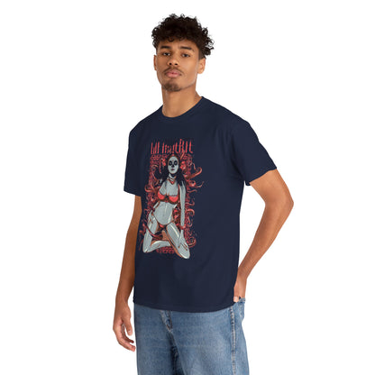 A stylish man modelling a navy t-shirt adorned with a striking sugar skull design, exuding confidence and sophistication.