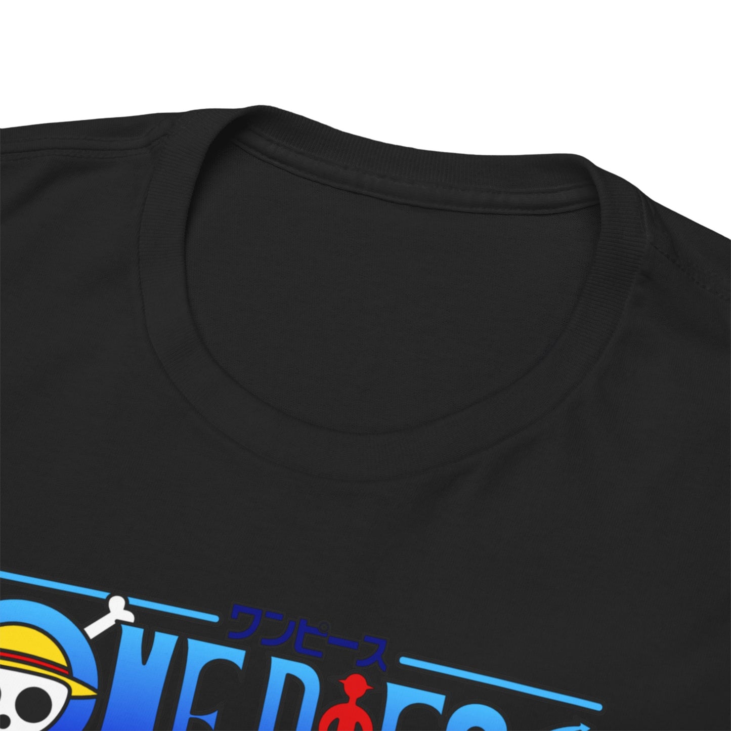 Close-up view of the luxurious neckline of the Dynamic Usopp Men's T-Shirt showcasing its high-quality fabric and vibrant print, a perfect blend of comfort and style for anime enthusiasts.