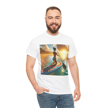 Lifestyle shot of the Delightful Paddleboarding T-Shirt by Dazzling Dreams Studio, embodying comfort and elegance for paddleboarding enthusiasts.