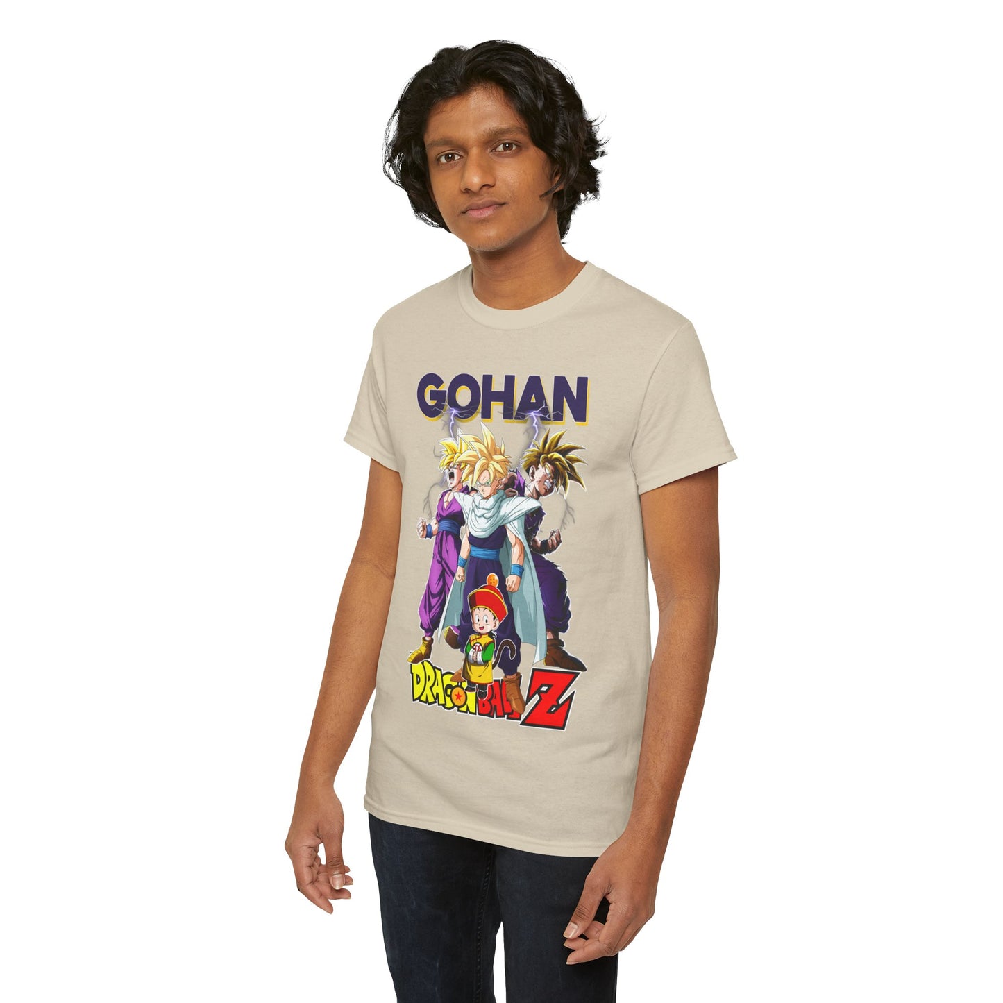 Sophisticated model in the Gohan Ascends T-Shirt, showcasing the premium design and vibrant illustrations from Dragon Ball Z.