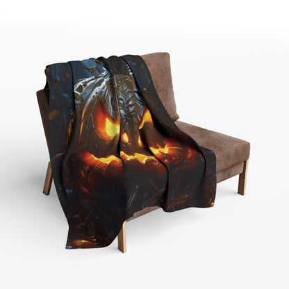 Luxurious Decorative and Warm Halloween Spooky Arctic Fleece Blanket draped over a stylish chair, featuring a vibrant jack-o'-lantern design, perfect for adding elegance and charm to your Halloween decor.