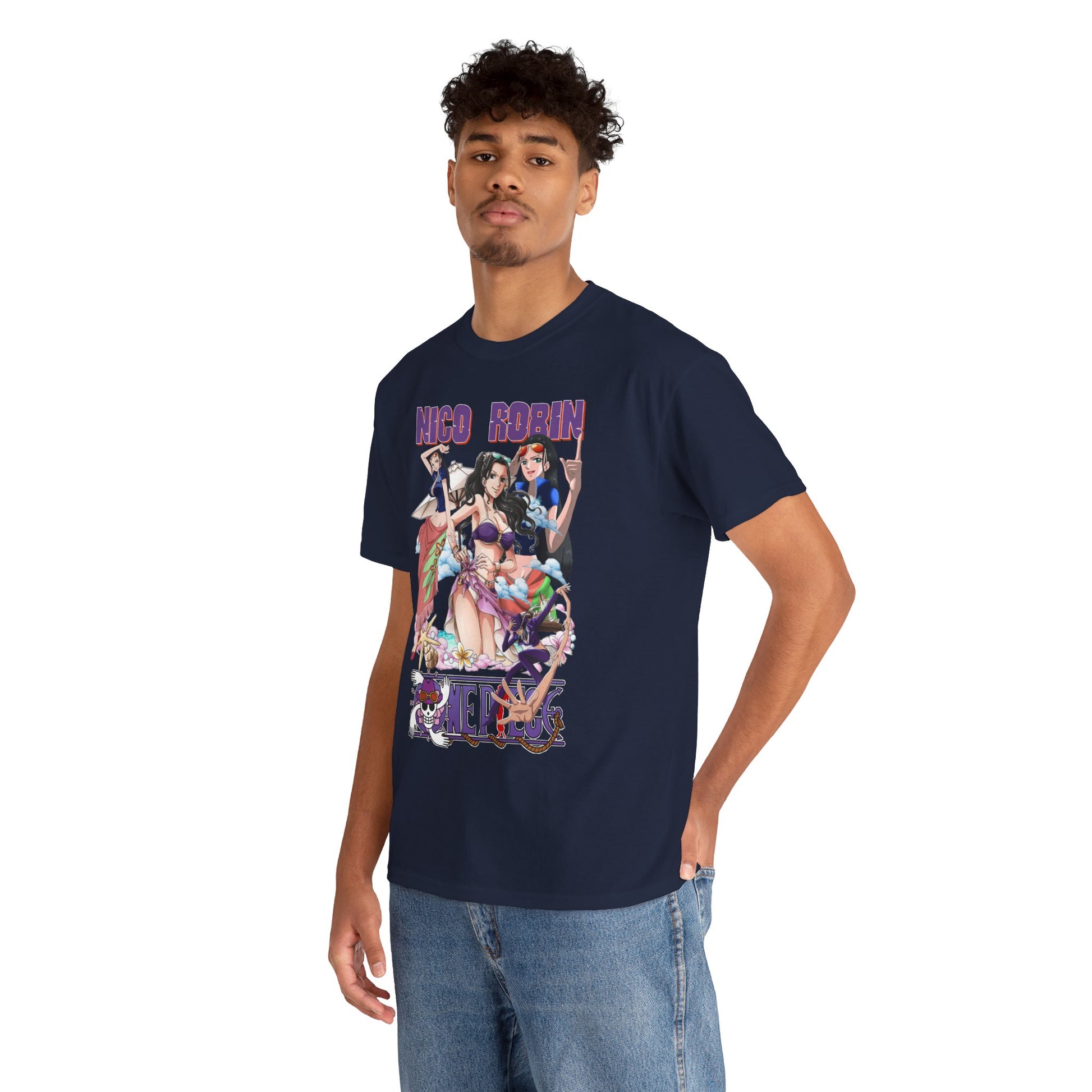 Elegant navy t-shirt featuring vibrant anime artistry of three female characters with a beach theme, perfect for fashion-forward anime enthusiasts. Displayed by a model exuding style and confidence.