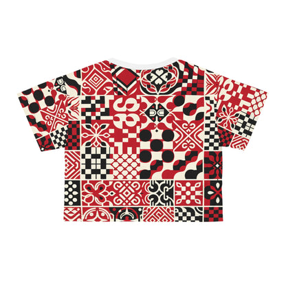 Dazzling Dreams Studio Valentina Rialto Vibrant Red Checkerboard Crop Top showcasing modern art-inspired design in luxurious silky soft polyester.