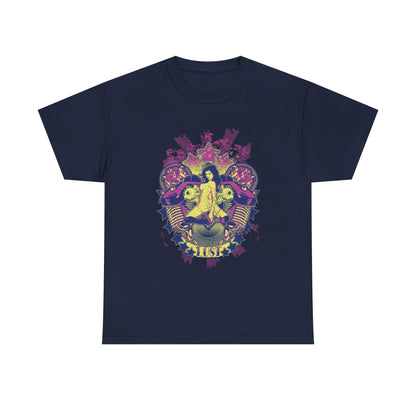 Stylish navy men's t-shirt depicting a striking retro punk graphic, combining elements of rebellion and artistry, tailored for those who appreciate unique fashion.