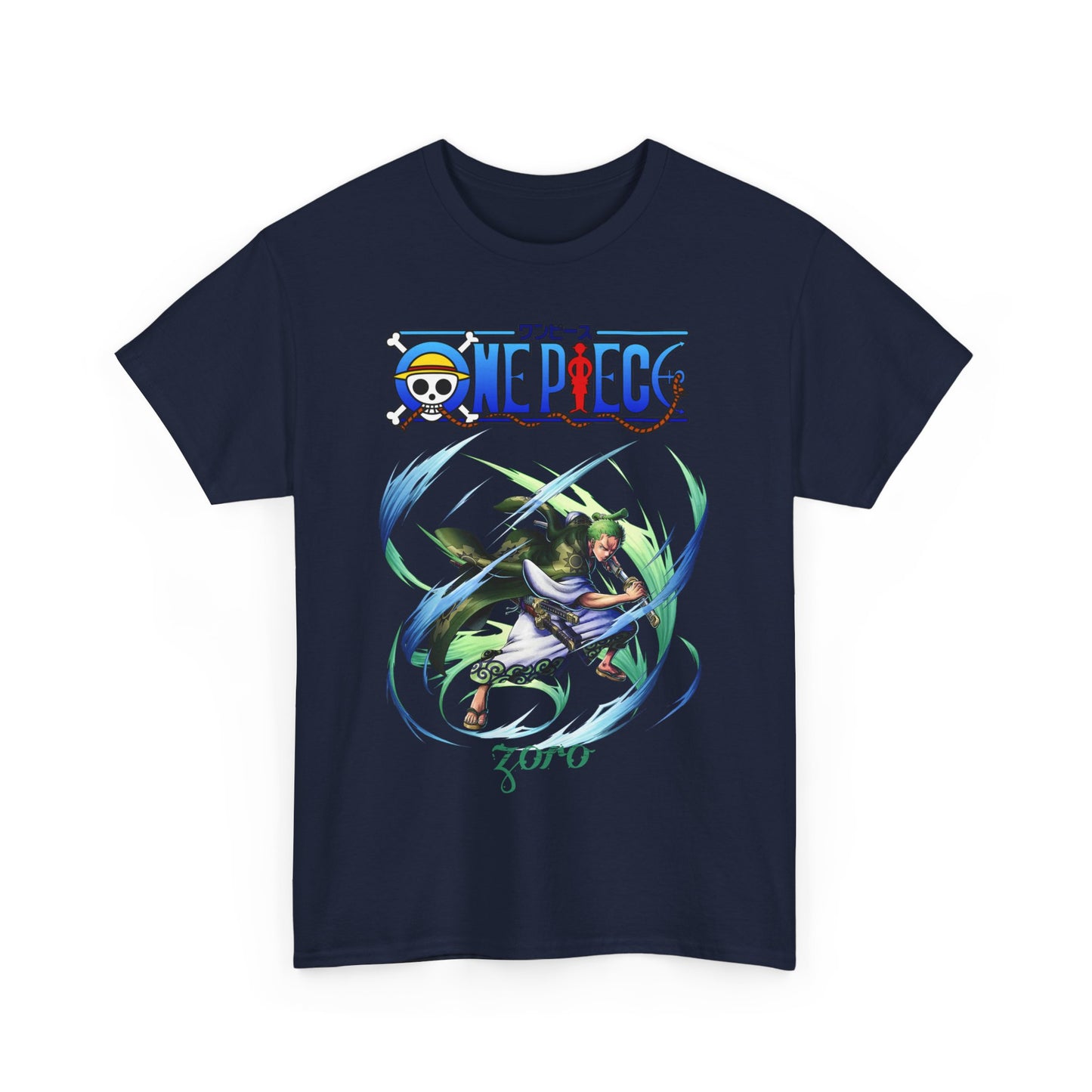 Elegant navy men's t-shirt displaying Zoro from One Piece, designed with dynamic artwork for stylish anime fans.