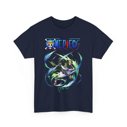 Elegant navy men's t-shirt displaying Zoro from One Piece, designed with dynamic artwork for stylish anime fans.