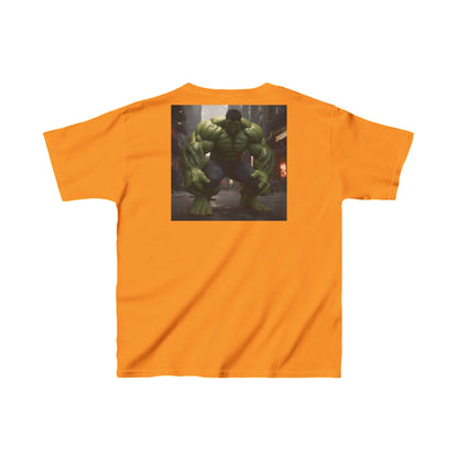Kids Incredible Hulk Heavy Cotton T-Shirt in bright orange featuring a dynamic Hulk image on the back, combining durability with heroic flair.