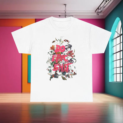 Elegant white unisex t-shirt featuring the vibrant graphic text 'DO EPIC SHIT', surrounded by a floral design, set against a modern artistic interior backdrop.