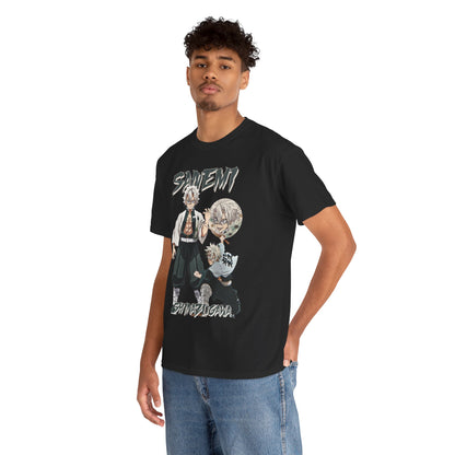 Man wearing the Sanemi Shinazugawa Tee in a fashionable setting, embodying a modern streetwear style with vibrant anime design, perfect for anime enthusiasts.