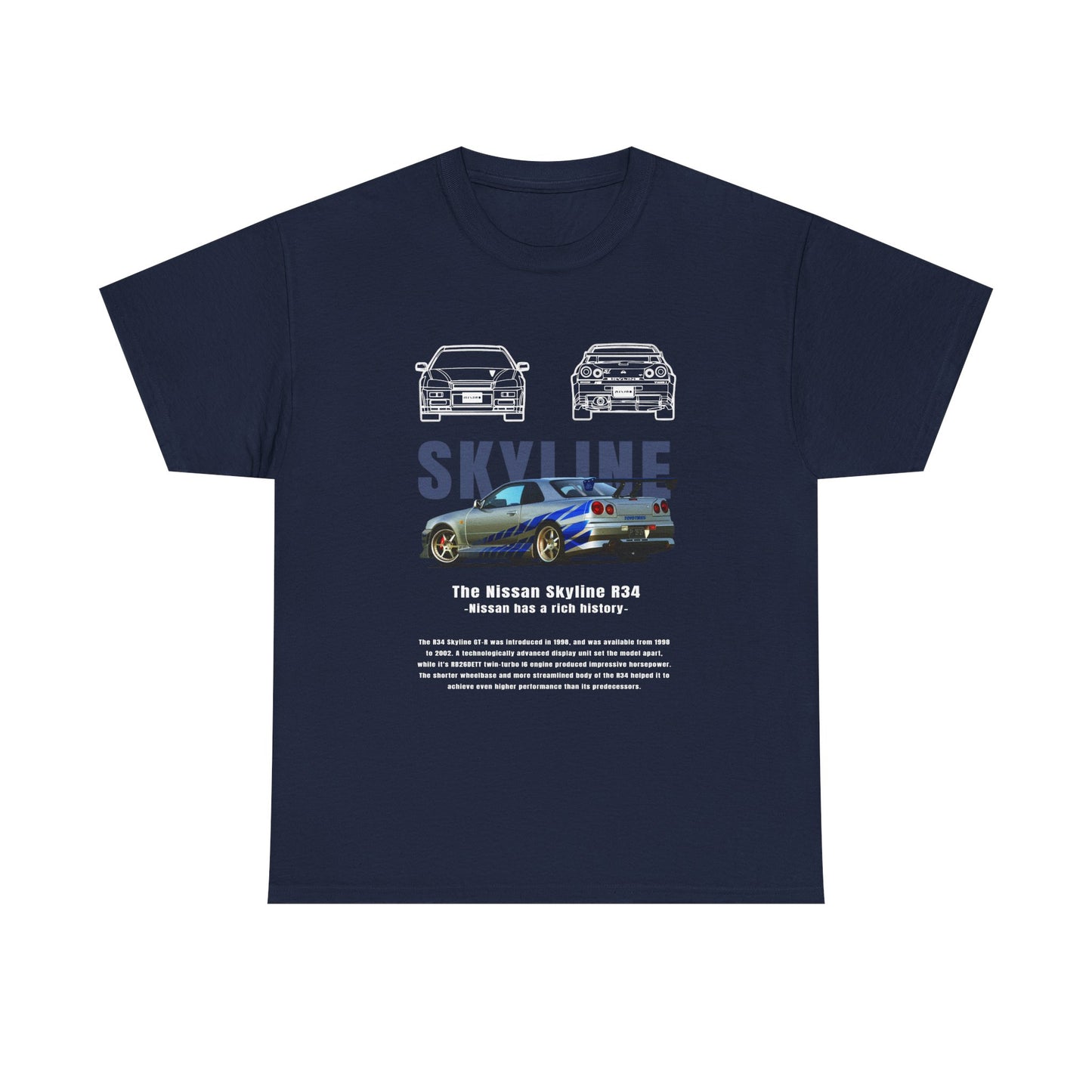Stylish navy t-shirt featuring an exquisite illustration of the Nissan Skyline R34, coupled with commanding typography that proclaims 'SKYLINE', symbolising luxury and performance.