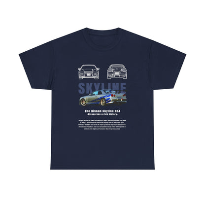 Stylish navy t-shirt featuring an exquisite illustration of the Nissan Skyline R34, coupled with commanding typography that proclaims 'SKYLINE', symbolising luxury and performance.