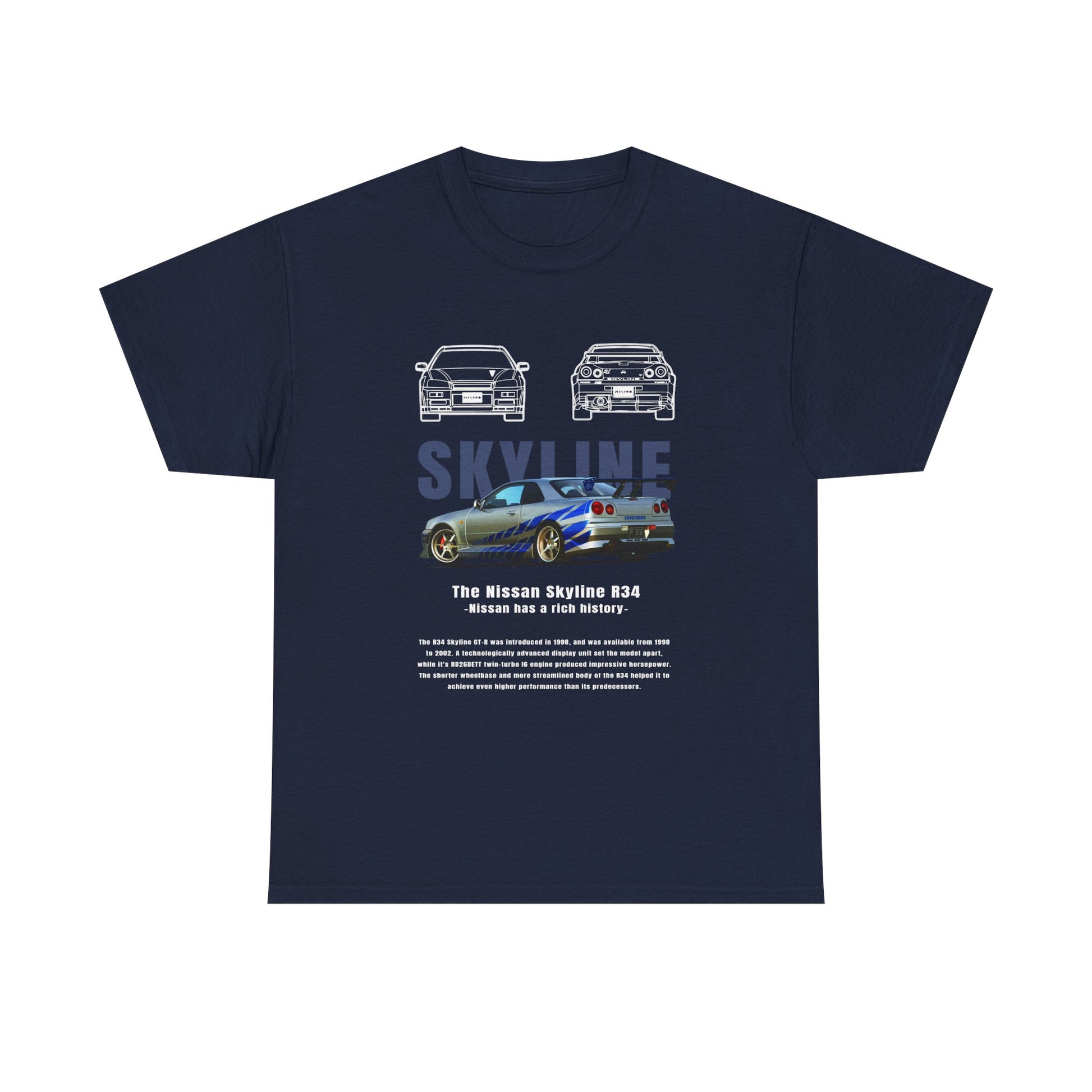 Men's navy t-shirt adorned with a captivating Nissan Skyline R34 illustration, highlighting dual car images with sophisticated typography, ideal for automotive culture fans.