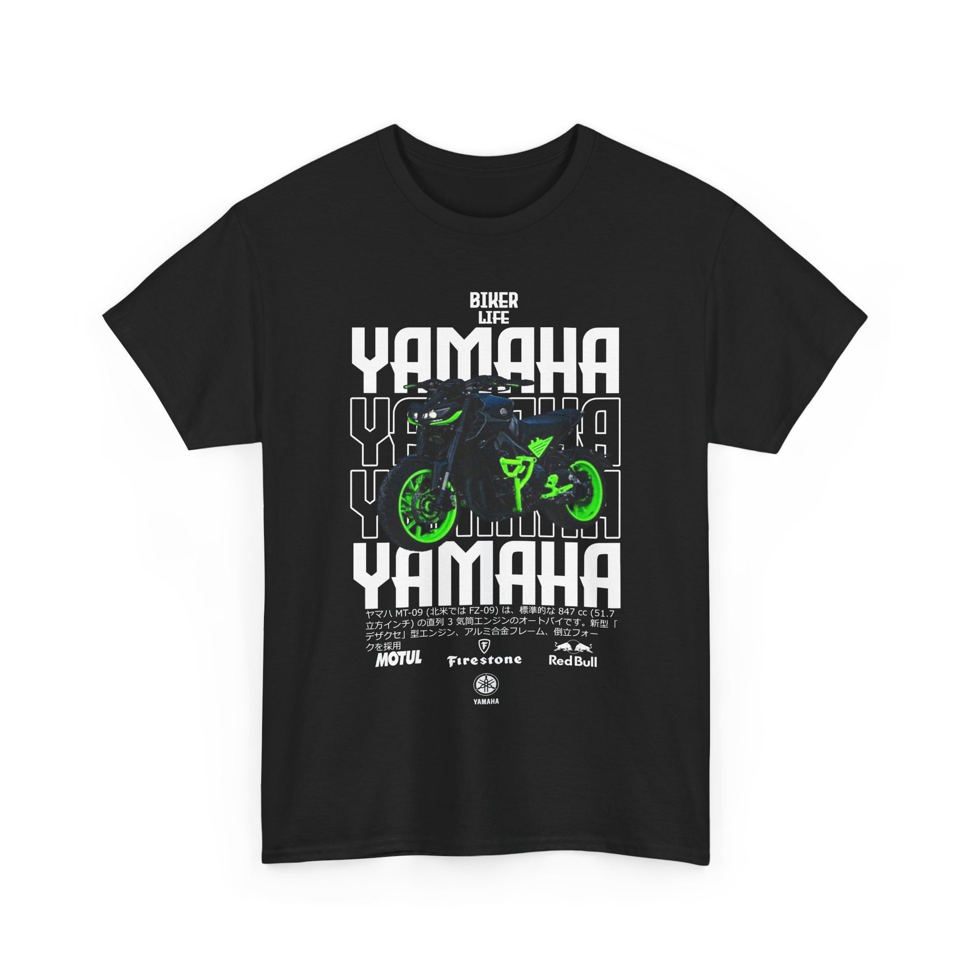 Stylish black T-shirt front view showcasing a bold Yamaha motorcycle graphic with green accents and 'BIKER LIFE' wording, perfect for motorcycle enthusiasts.