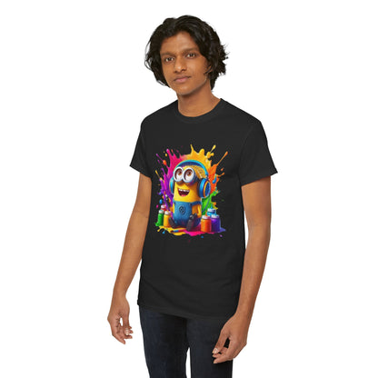 Another model wearing the Men's Funny Minion Paint Splash T-Shirt, highlighting the playful Minion graphic and colourful design, a great pick for casual outings and Minion fans.