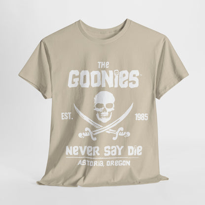 The Goonies Graphic T-Shirt: a luxury unisex cotton tee featuring a striking white graphic of a skull and swords, with the iconic phrase 'NEVER SAY DIE' and 'ASTORIA, OREGON', inspired by the beloved 1985 adventure film.