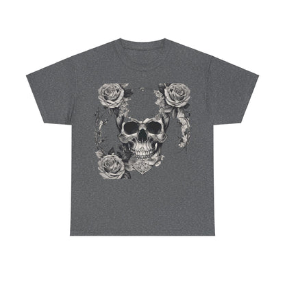 Elegant Skulls and Roses Cotton Tee displayed flat, featuring a striking steampunk graphic design, perfect for fashion enthusiasts.
