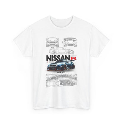 Chic Nissan GTR R35 T-Shirt in white, featuring a dynamic technical illustration and informative text, a must-have for discerning fans of automotive excellence.