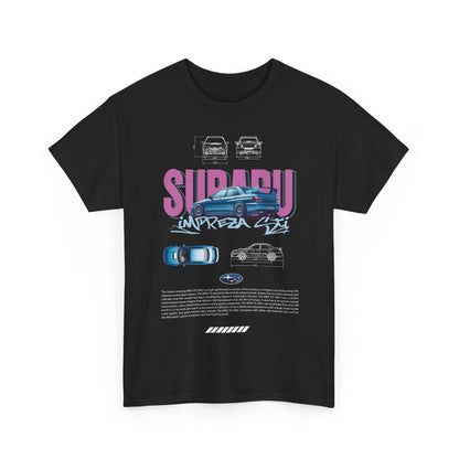 Stylishly crafted black t-shirt featuring a vibrant Subaru Impreza WRX STI graphic, ideal for car enthusiasts.