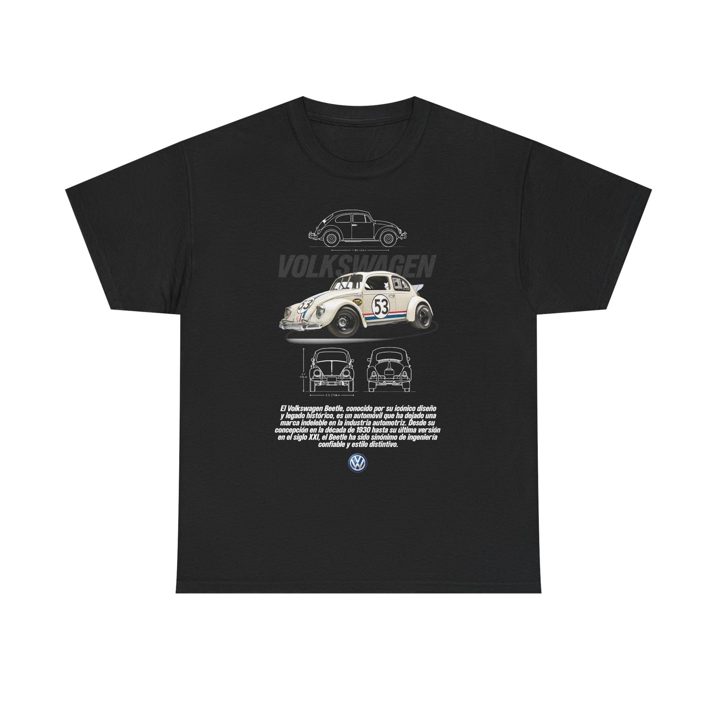 Elegant black Volkswagen Beetle T-shirt featuring a detailed design of the iconic Herbie 53 racing car, complemented by vintage-style technical illustrations and Spanish text, perfect for car enthusiasts.