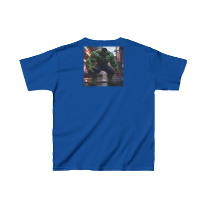 Kids Heavy-Duty Hulk Graphic Tee in royal blue with an eye-catching Hulk visual on the back, crafted for mini superheroes.