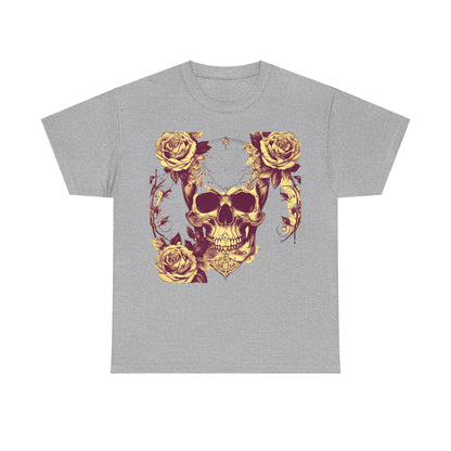 Skulls and Roses Cotton Tee in grey, featuring a stunning graphic design of skulls intertwined with roses, representing bold and edgy fashion. Ideal for casual wear and statement pieces.