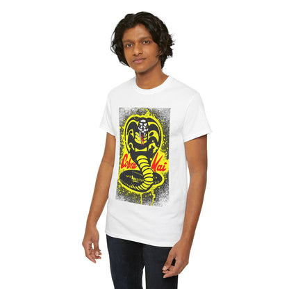Stylish unisex graphic tee with a captivating Cobra Kai print, showcased on a male model exuding charisma and modern appeal.