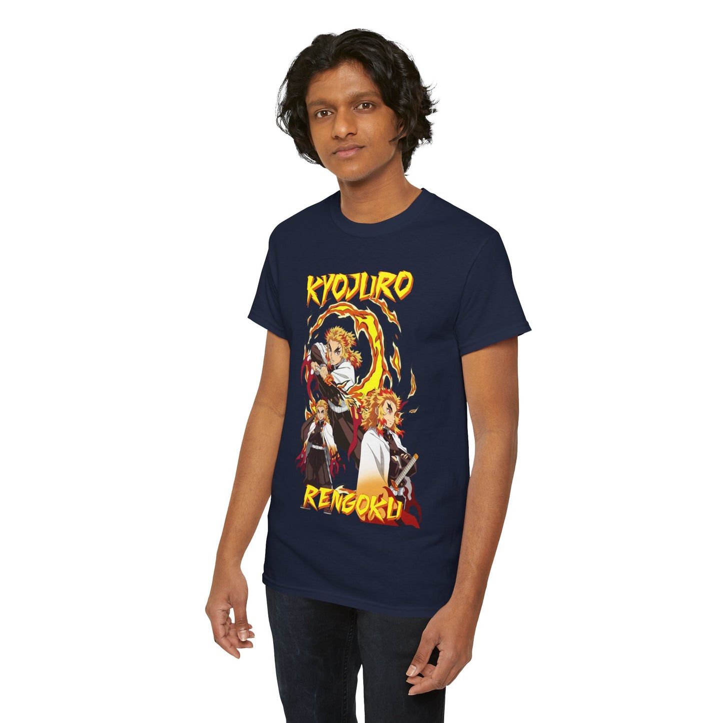Elegant Kyojuro Rengoku anime t-shirt showcasing detailed illustrations, ideal for fashion-forward individuals with a love for Demon Slayer.