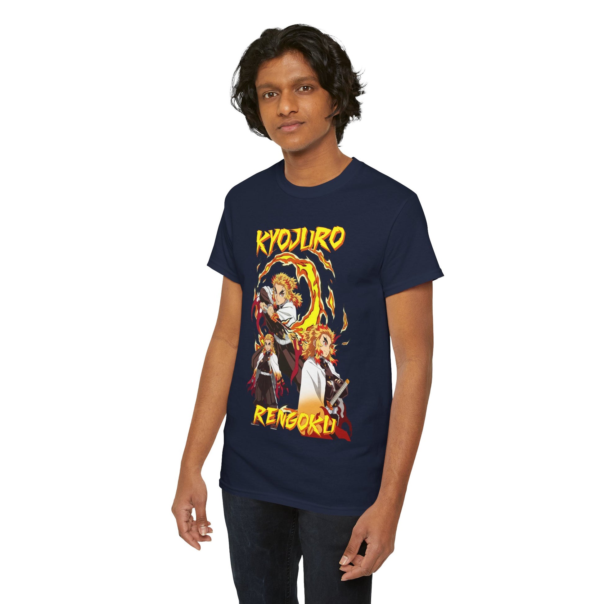 Elegant Kyojuro Rengoku anime t-shirt showcasing detailed illustrations, ideal for fashion-forward individuals with a love for Demon Slayer.