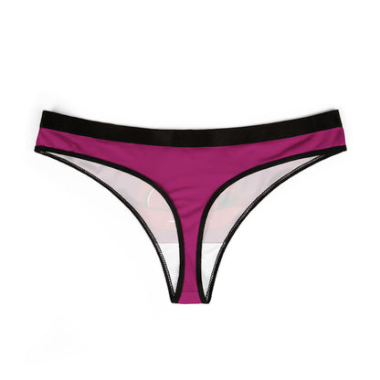 Elegant women's thong in vibrant pink, revealing a whimsical lip graphic, designed for those who embrace cheeky humour in their intimate apparel.