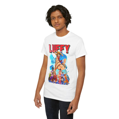 Another stylish male model wearing the luxurious Luffy graphic t-shirt, effortlessly expressing a sophisticated casual vibe while embracing anime inspiration.