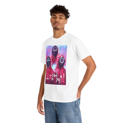 Stylish Squid Game inspired graphic tee featuring a vivid print of hooded figures, perfect for making a bold fashion statement in casual or street style.