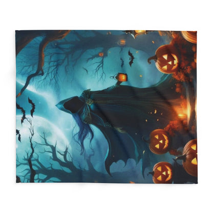 Decorative and Warm Halloween Spooky Arctic Fleece Blanket featuring a ghostly figure among glowing pumpkins and bats, perfect for adding a touch of luxury to your Halloween decor.
