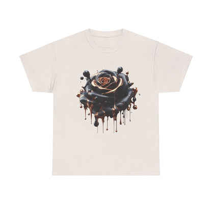 Close-Up Abstract Rose Unisex Cotton Tee Graphic T Shirt highlighting a dramatic black rose with molten copper drips on a pale fabric.